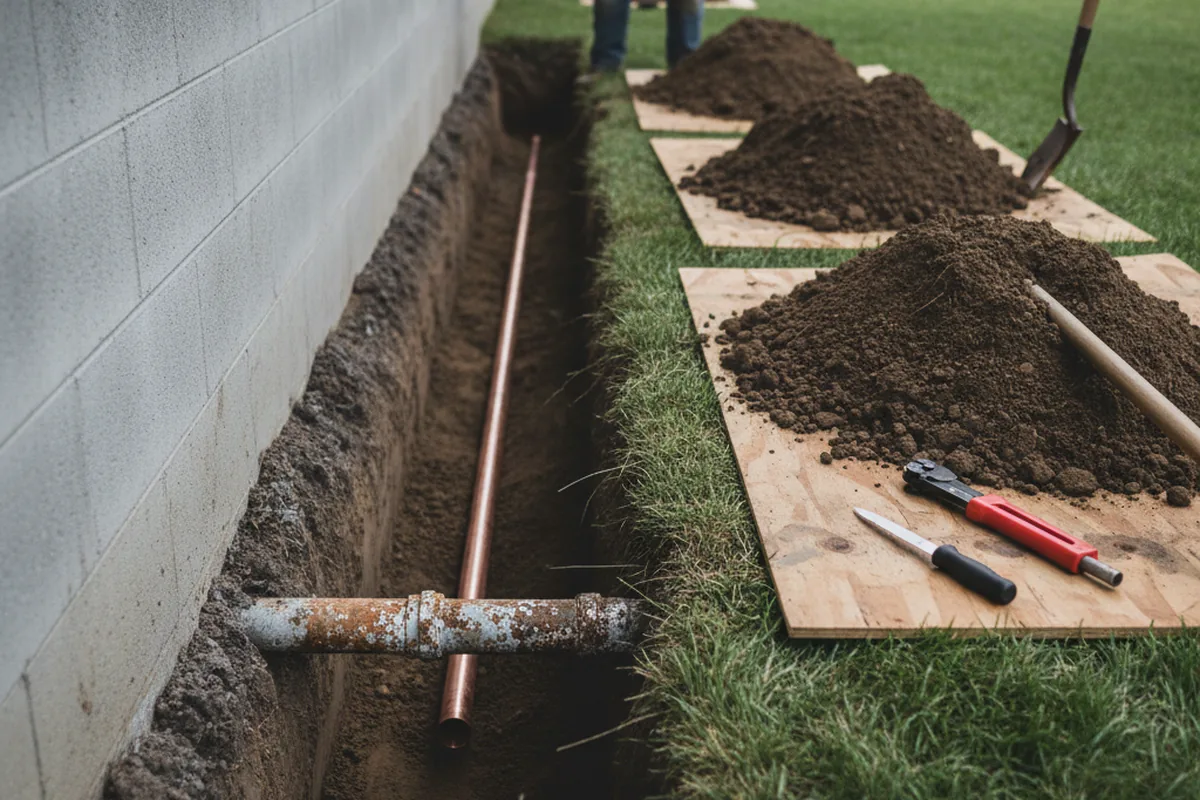 Excavated water line trench during Sewer Line Repair in Centerville